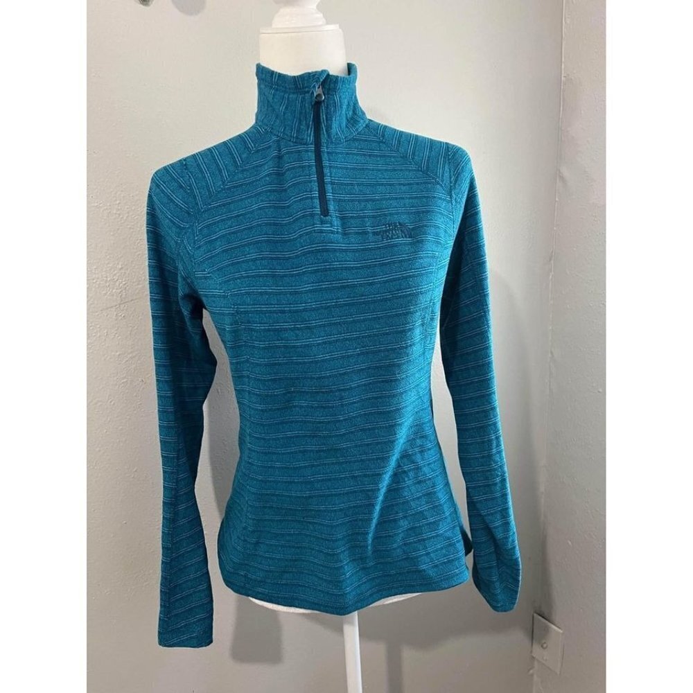 The North Face 1/4 Zip Striped Blue Pullover Fleece Sweater Women Size XS